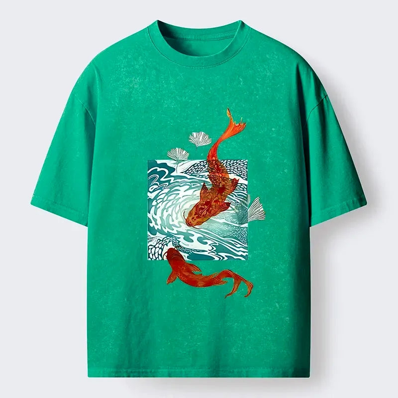 Kyoto-Lion Vibrant Koi In Wave Patterns Washed T-Shirt