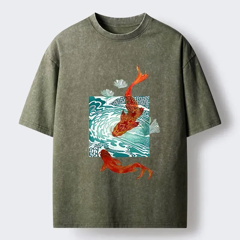 Kyoto-Lion Vibrant Koi In Wave Patterns Washed T-Shirt
