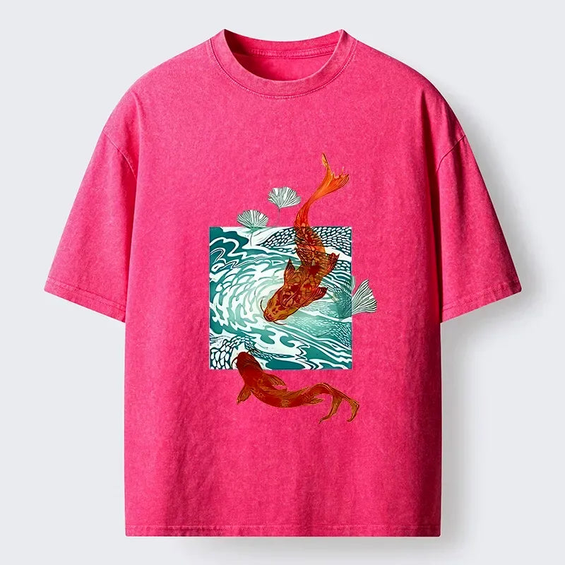 Kyoto-Lion Vibrant Koi In Wave Patterns Washed T-Shirt