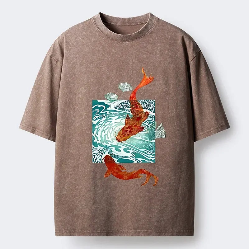 Kyoto-Lion Vibrant Koi In Wave Patterns Washed T-Shirt