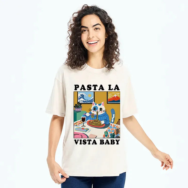 Kyoto-Lion Wine, Pasta, and Meow Washed T-Shirt