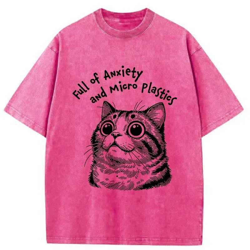 Kyoto-Lion Full Of Anxiety And Microplastics Cat Washed T-Shirt