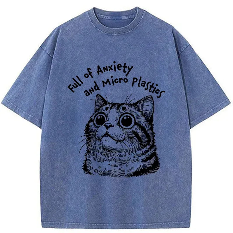 Kyoto-Lion Full Of Anxiety And Microplastics Cat Washed T-Shirt