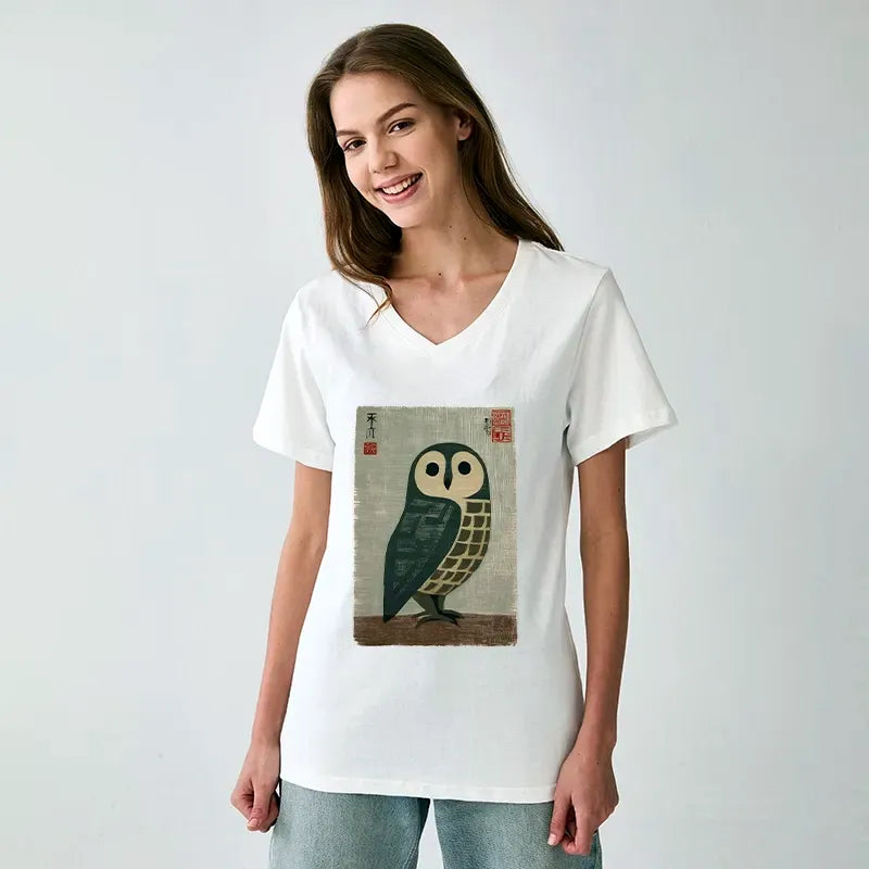 Ukiyo-e Owl V-Neck T-Shirt for Casual Style