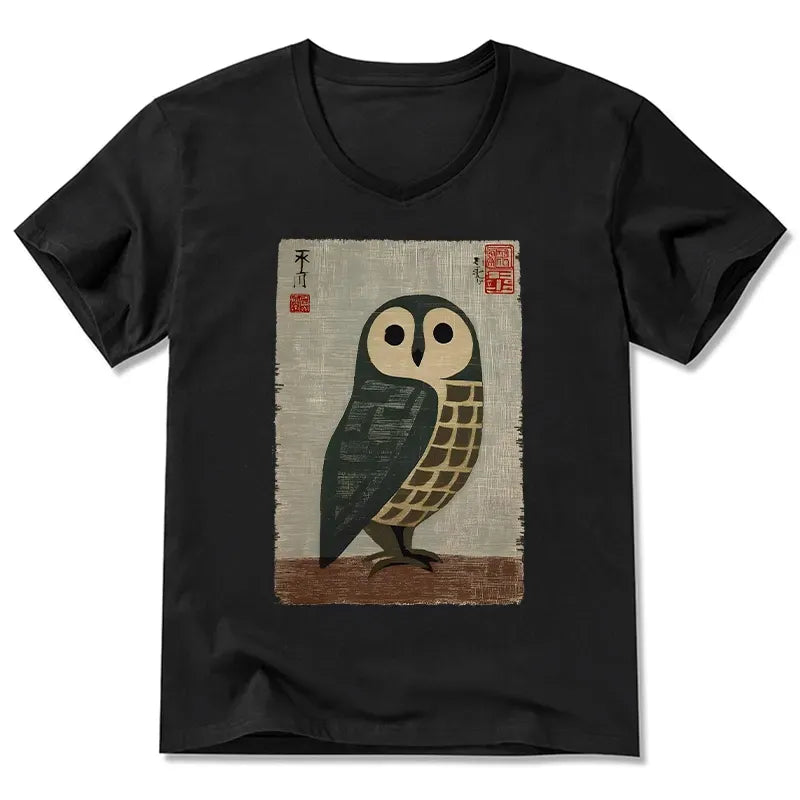 Classic Japanese Owl Art V-Neck T-Shirt Gift Idea