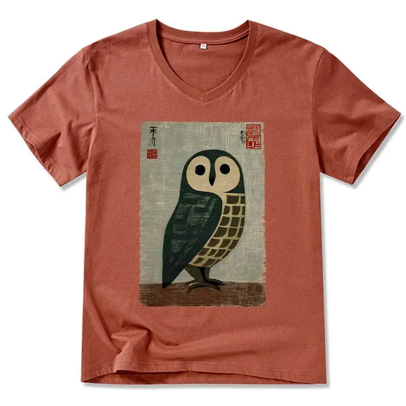 Japanese Owl V-Neck T-Shirt for Daily Wear