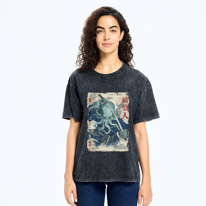Japanese Octopus Washed T-Shirt for Summer