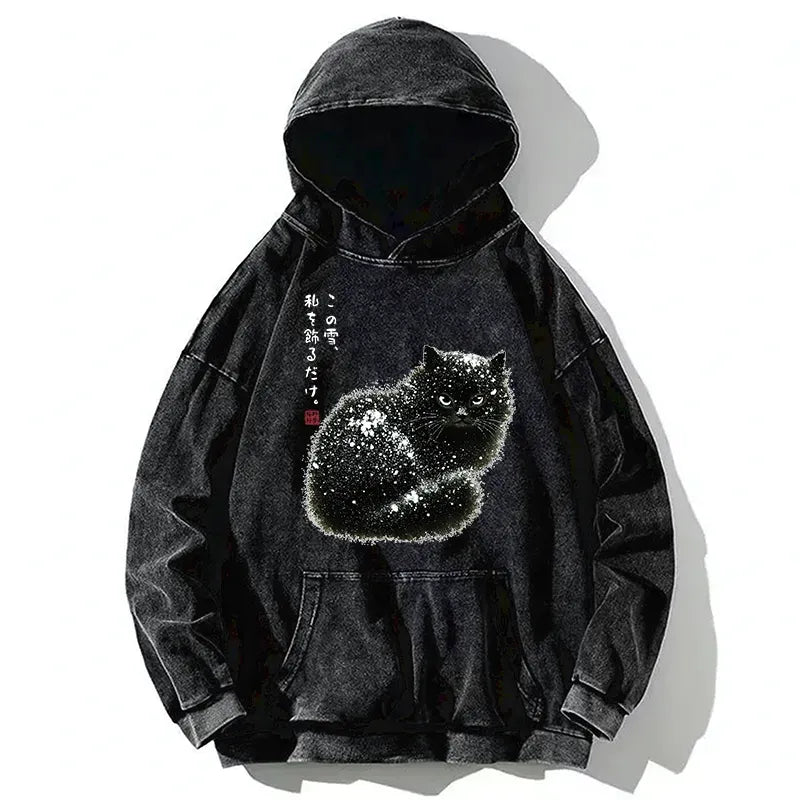 Kyoto-Lion Black Cat Adorned by Snow Washed Hoodie