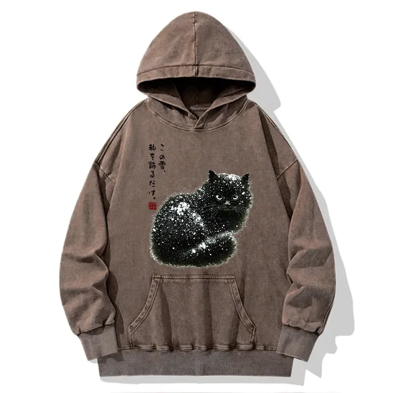 Kyoto-Lion Black Cat Adorned by Snow Washed Hoodie
