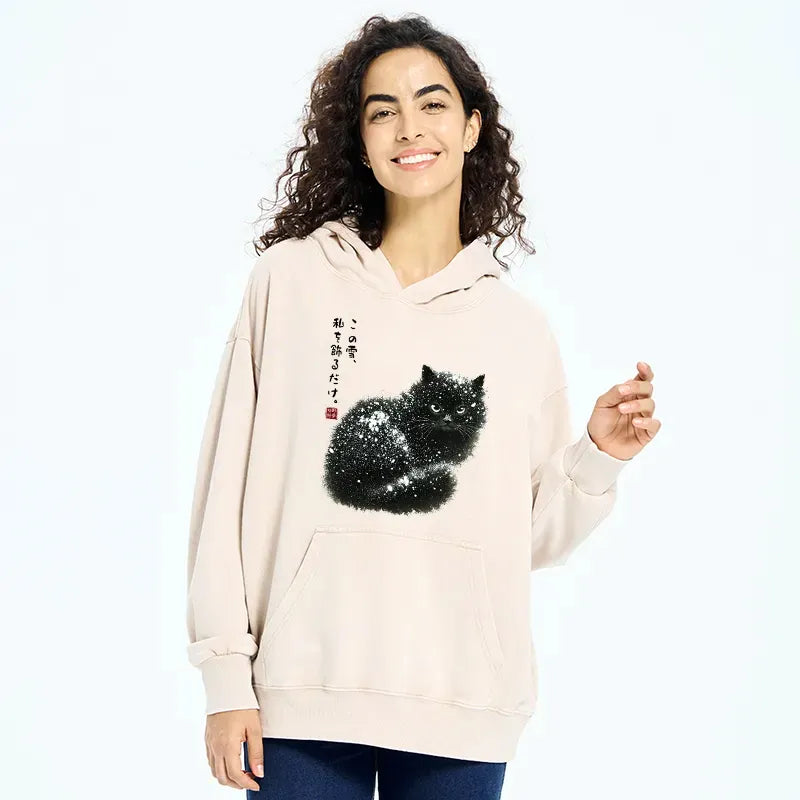 Kyoto-Lion Black Cat Adorned by Snow Washed Hoodie