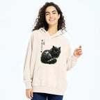 Kyoto-Lion Black Cat Adorned by Snow Washed Hoodie