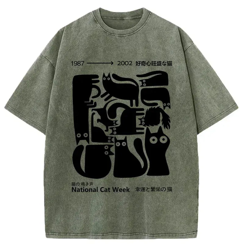 Kyoto-Lion Curious Funny Cat Washed T-Shirt
