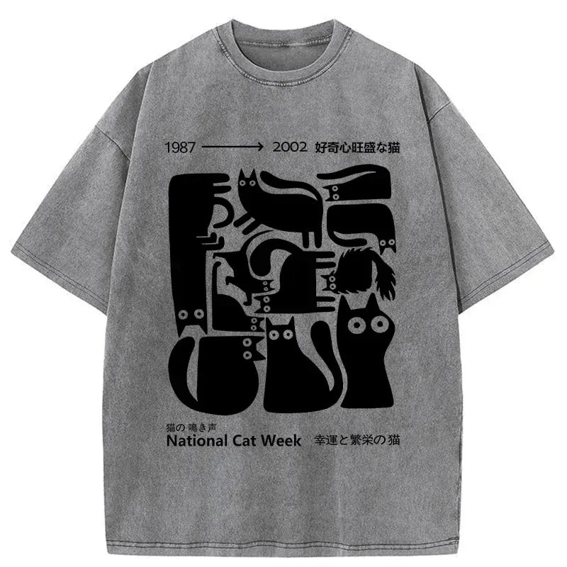 Kyoto-Lion Curious Funny Cat Washed T-Shirt