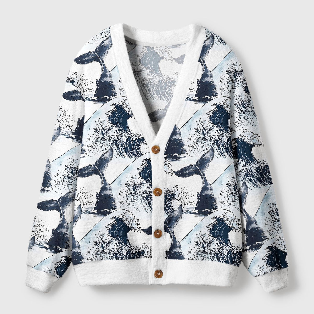 Kyoto-Lion Whale Tail Wave Art Ugly Cardigan Sweater