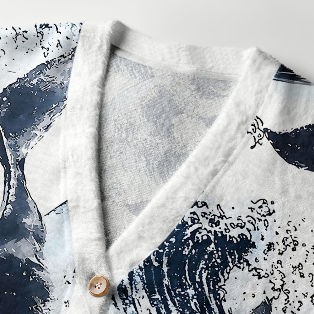 Kyoto-Lion Whale Tail Wave Art Ugly Cardigan Sweater