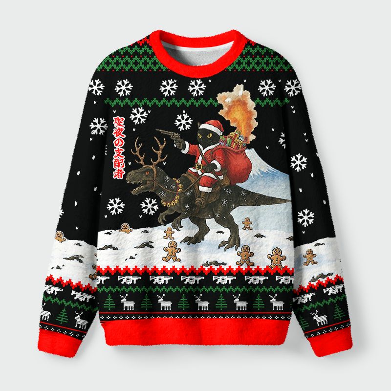 Kyoto-Lion Cat Riding A Dinosaur Fuzzy Christmas Ugly Sweatshirt