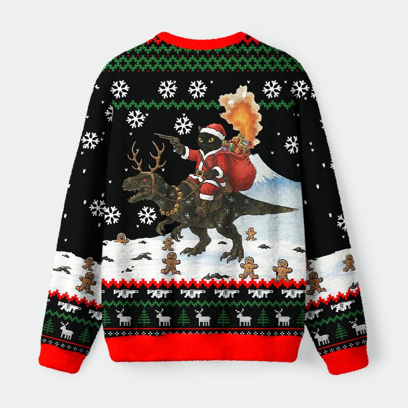 Kyoto-Lion Cat Riding A Dinosaur Fuzzy Christmas Ugly Sweatshirt