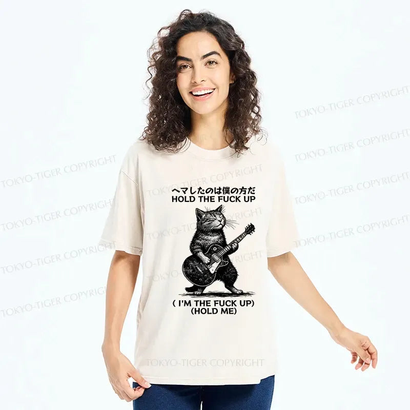 Kyoto-Lion Funny Cat Guitarist Washed T-Shirt