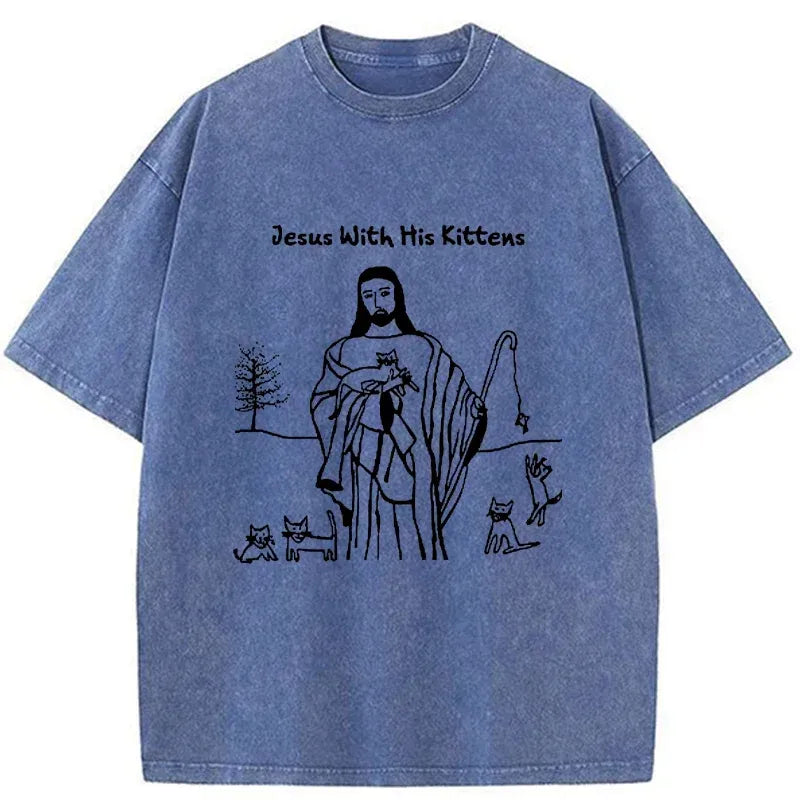 Kyoto-Lion Playing With Cats Washed T-Shirt