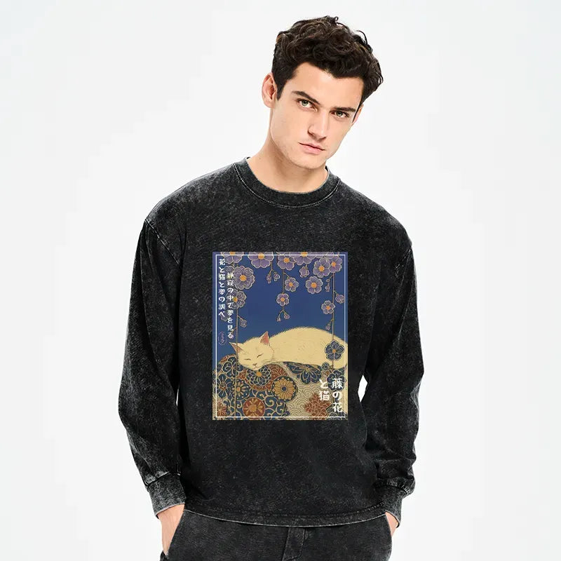 Washed Ukiyoe Cat Long Sleeve T-Shirt for Daily Wear