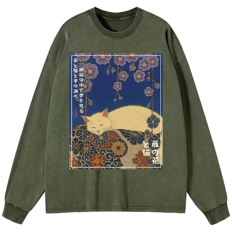 Japanese Vintage Wisteria Cat Shirt for Anime Convention