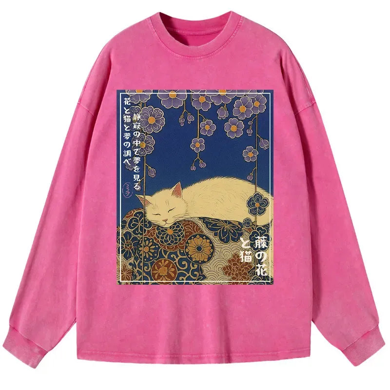 Kyoto-Lion Ukiyoe Wisteria Flowers and Cats Washed Long Sleeve T-Shirt