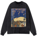 Washed Ukiyoe Cat Long Sleeve T-Shirt for Daily Wear