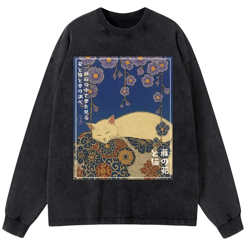 Washed Ukiyoe Cat Long Sleeve T-Shirt for Daily Wear