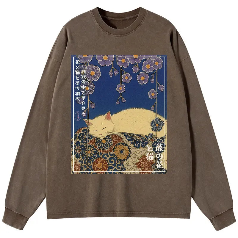 Kyoto-Lion Ukiyoe Wisteria Flowers and Cats Washed Long Sleeve T-Shirt