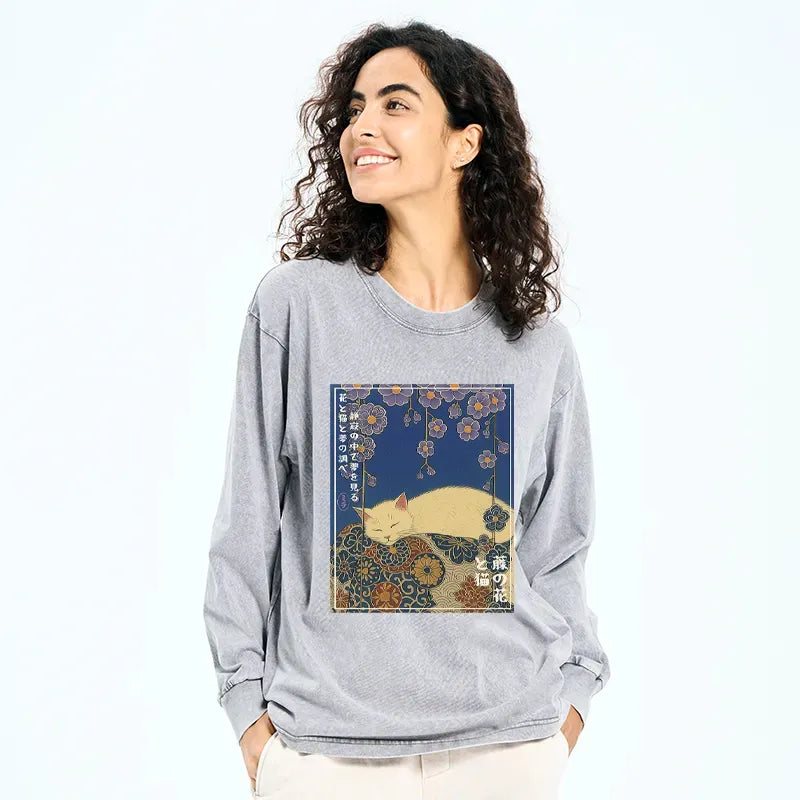 Japanese Vintage Wisteria Cat Shirt for Anime Convention