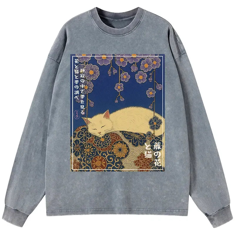 Kyoto-Lion Ukiyoe Wisteria Flowers and Cats Washed Long Sleeve T-Shirt