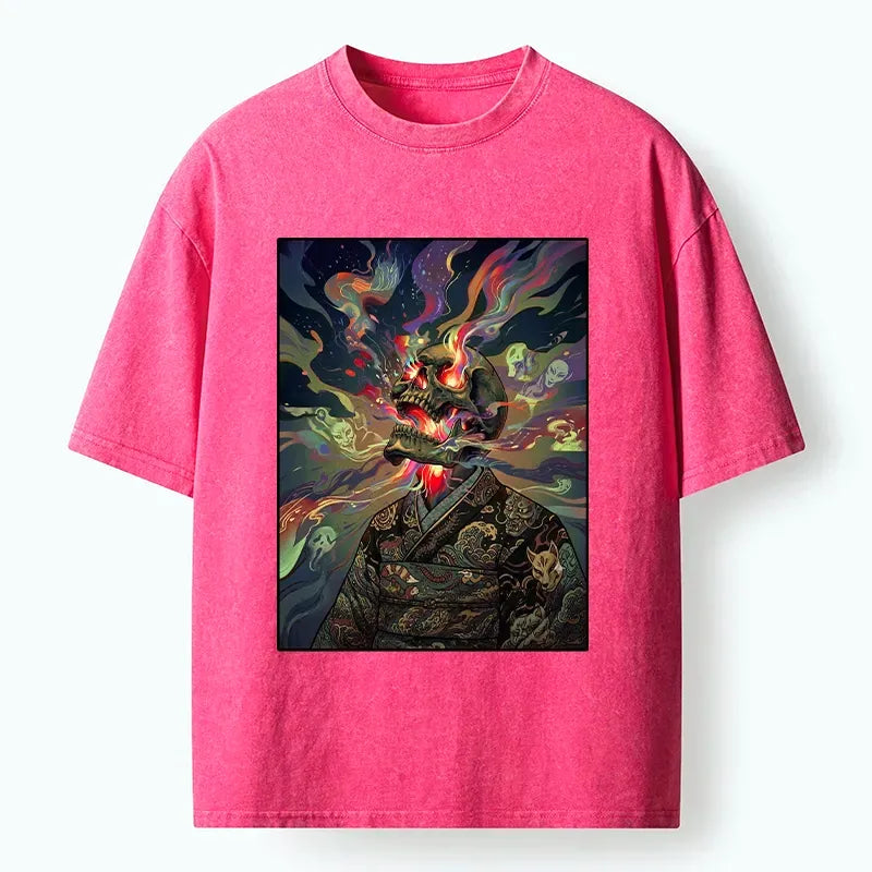 Kyoto-Lion Colorful Flame Spirits Around Dead Head Washed T-Shirt