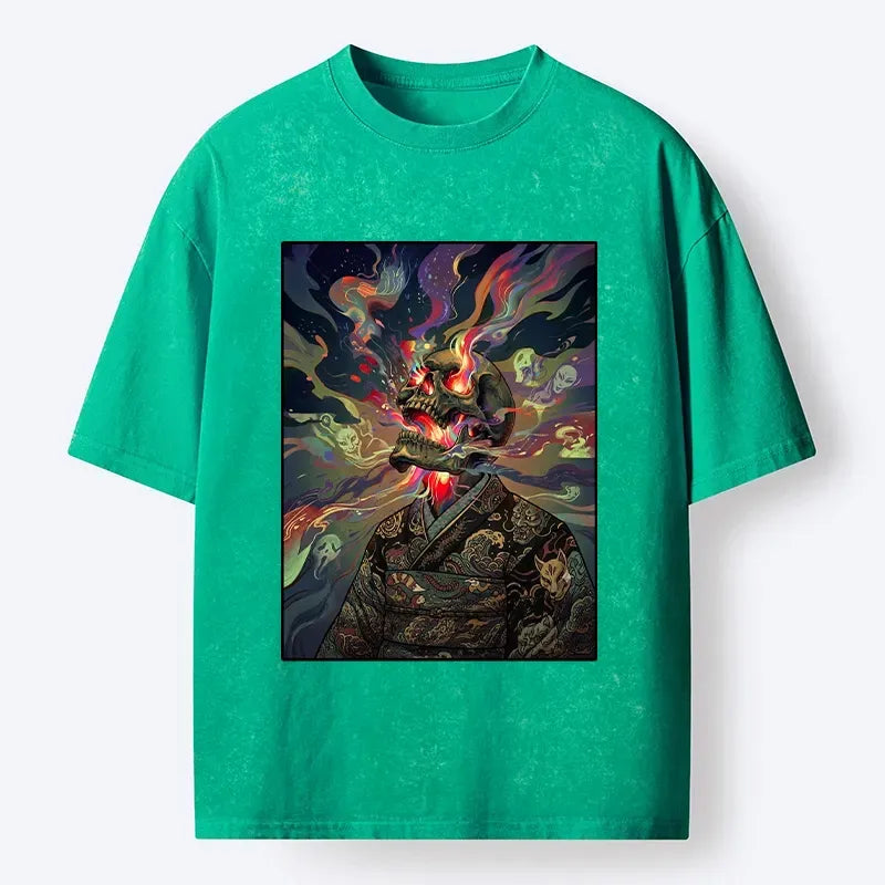 Kyoto-Lion Colorful Flame Spirits Around Dead Head Washed T-Shirt