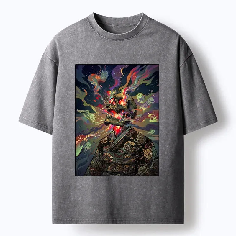 Kyoto-Lion Colorful Flame Spirits Around Dead Head Washed T-Shirt