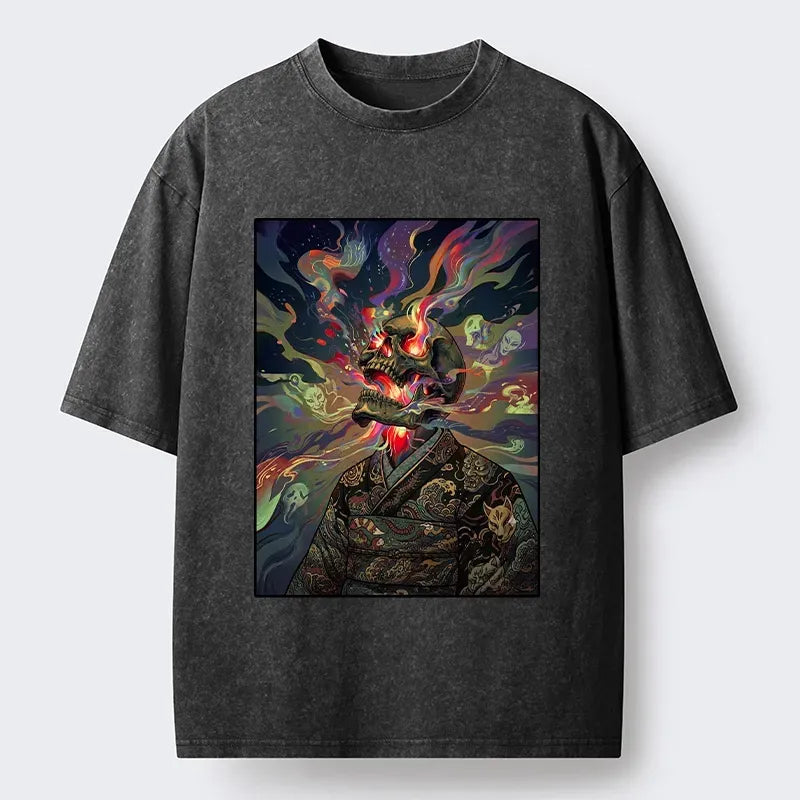Kyoto-Lion Colorful Flame Spirits Around Dead Head Washed T-Shirt