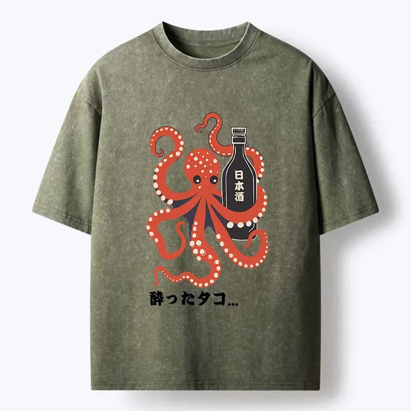 Tokyo?Tiger Octopus Drinking Washed T-Shirt