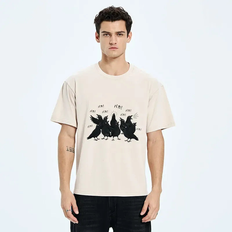 Washed Crow T-Shirt with Japanese Print