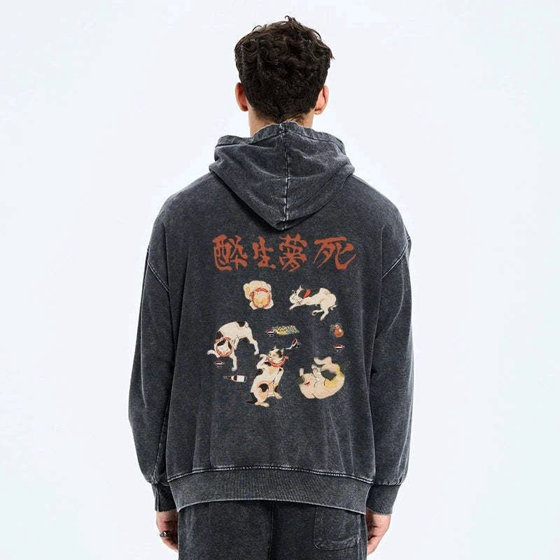 Kyoto-Lion Drunken Cats Washed Zip Hoodie
