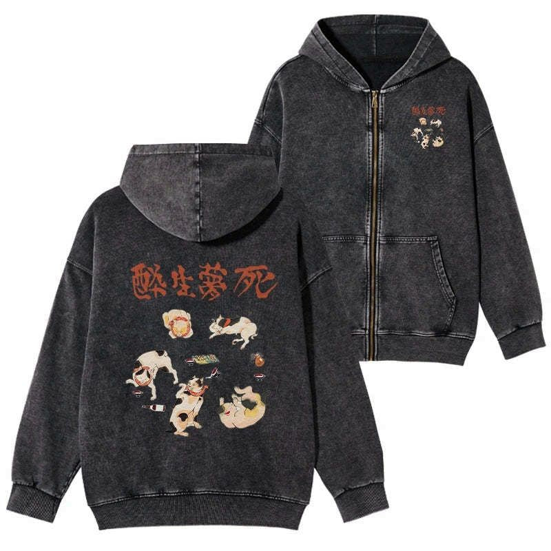 Japanese vintage cat zip hoodie for men