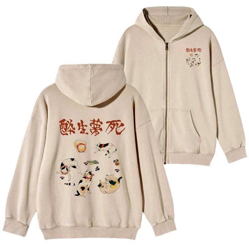 Japanese vintage cat zip hoodie for men