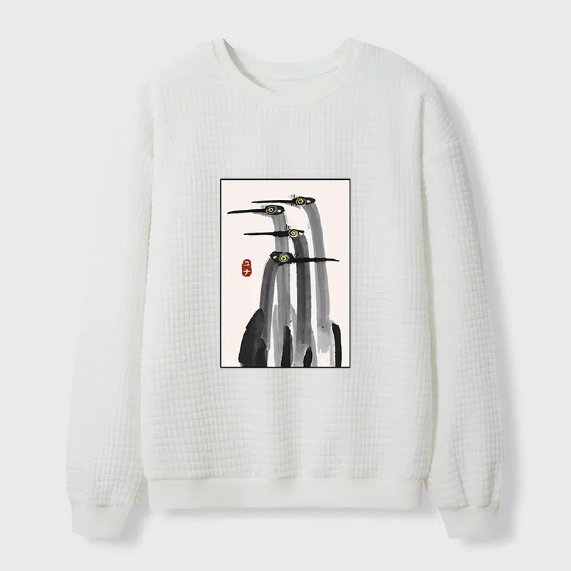 Japanese Crane Waffle Sweatshirt for Streetwear
