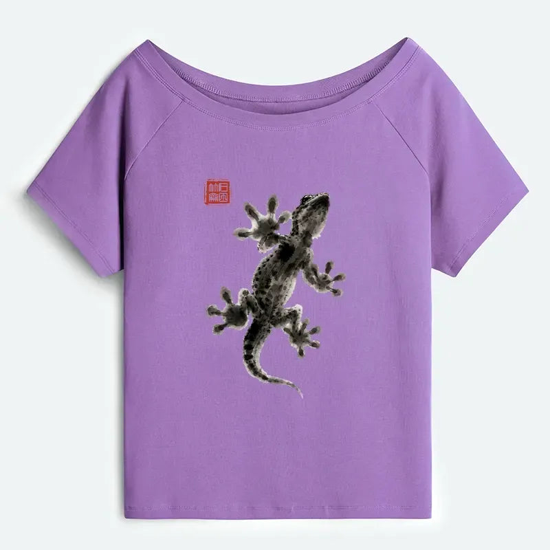 Kyoto-Lion Minimal Asian Ink Brush Gecko Vibe Off Shoulder T-Shirt