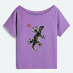 Kyoto-Lion Minimal Asian Ink Brush Gecko Vibe Off Shoulder T-Shirt