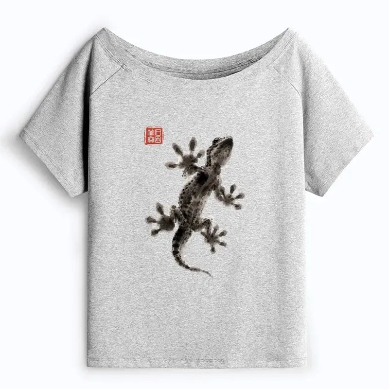 Kyoto-Lion Minimal Asian Ink Brush Gecko Vibe Off Shoulder T-Shirt