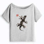 Kyoto-Lion Minimal Asian Ink Brush Gecko Vibe Off Shoulder T-Shirt