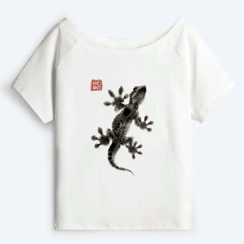 Kyoto-Lion Minimal Asian Ink Brush Gecko Vibe Off Shoulder T-Shirt