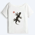 Kyoto-Lion Minimal Asian Ink Brush Gecko Vibe Off Shoulder T-Shirt