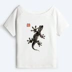 Kyoto-Lion Minimal Asian Ink Brush Gecko Vibe Off Shoulder T-Shirt