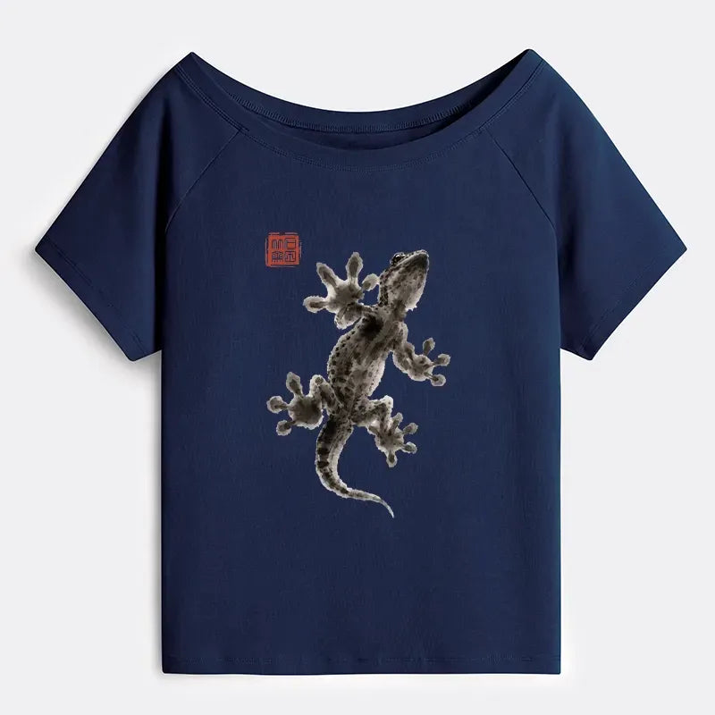 Kyoto-Lion Minimal Asian Ink Brush Gecko Vibe Off Shoulder T-Shirt