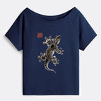 Kyoto-Lion Minimal Asian Ink Brush Gecko Vibe Off Shoulder T-Shirt